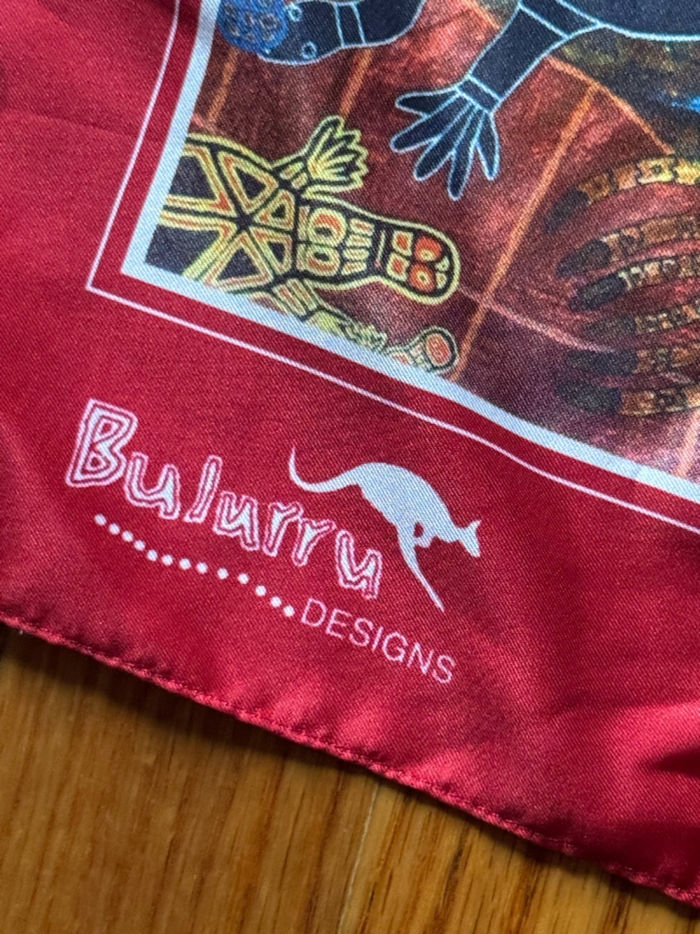 Bulurra Red Border Multicolor Aboriginal Print Scarf made in Australia - Picture 4 of 6